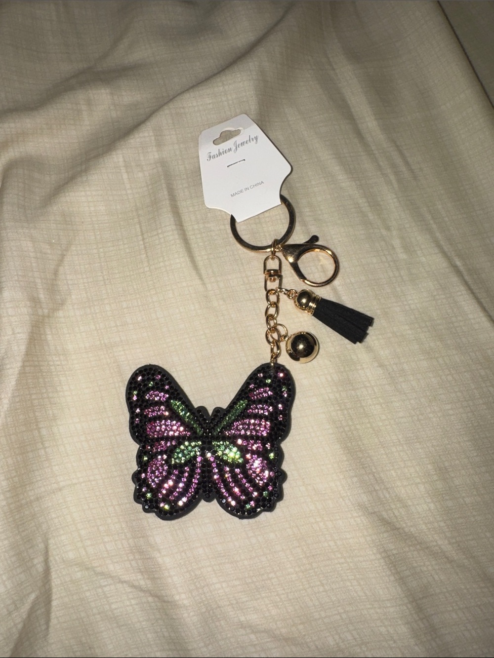 Fashion Jewelry Pink & Green Butterfly Keychain with Gold Tassel